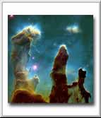Here evaporating gaseous globules (EGGs) are captured emerging from pillars of molecular hydrogen and dust in the Eagle Nebula (M16). These pillars, dubbed elephant trunks, are light years in length and are so dense that interior gas gravitationally contracts to form stars. At each pillars' end, the intense radiation of bright young stars causes low density gas to boil away, leaving stellar nurseries of dense EGGs exposed.